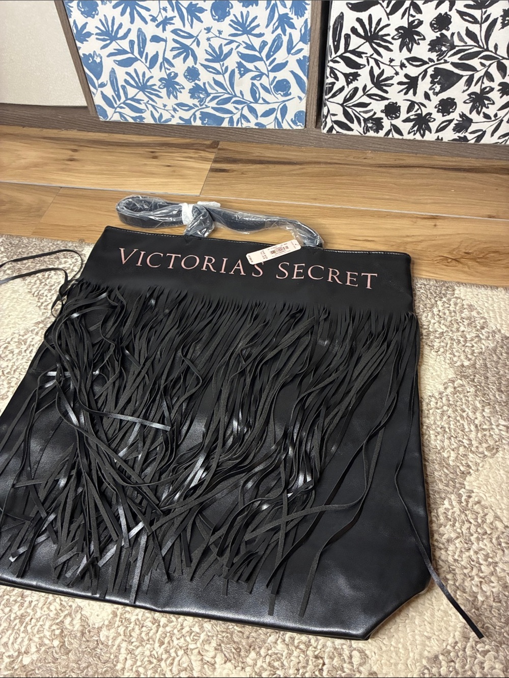 Victoria's Secret Black Fringe Tote with Pink Logo